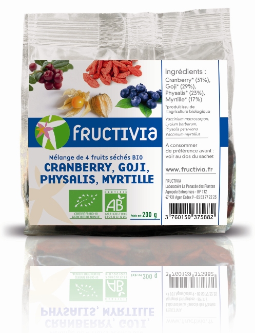 Mélange 4 fruits séchés bio fructivia: goji, cranberry, physalis, myrtille